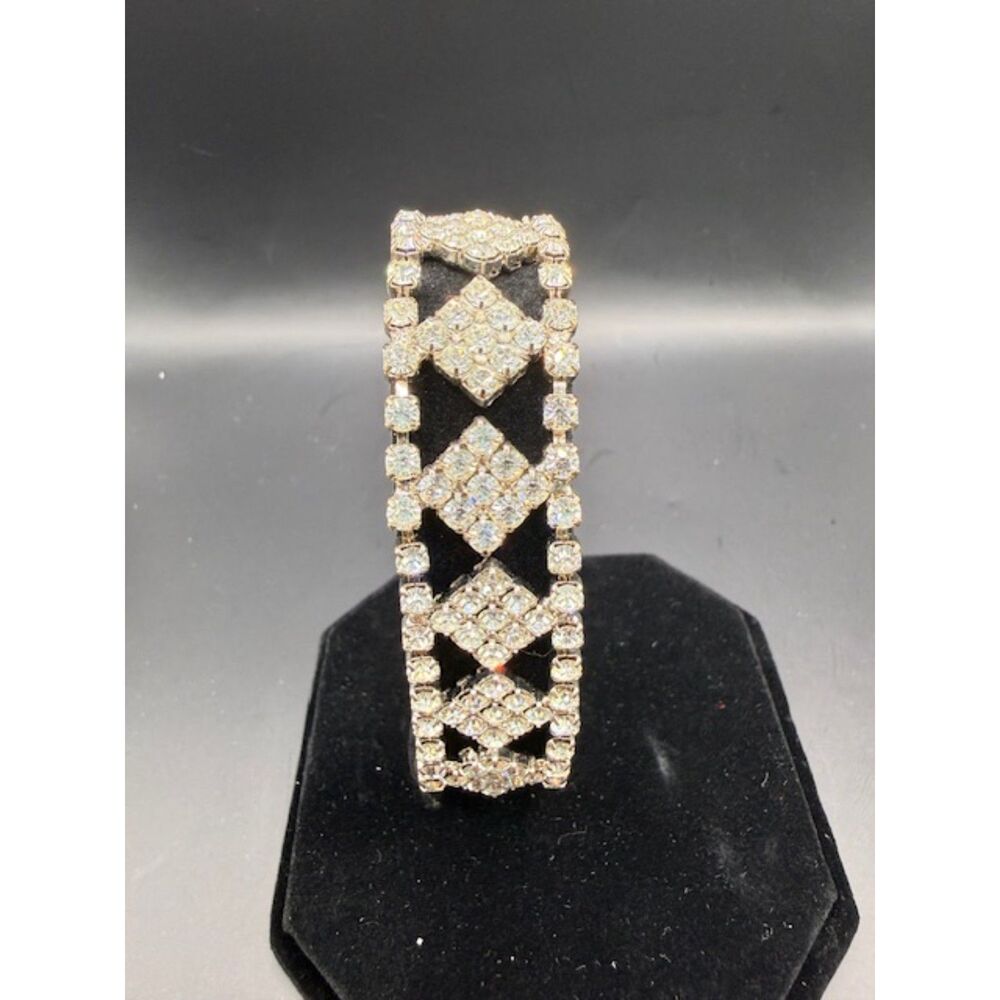 Vintage 1950s 1960s Rhinestone Bracelet Hollywood Glam Silver Diamond Panel